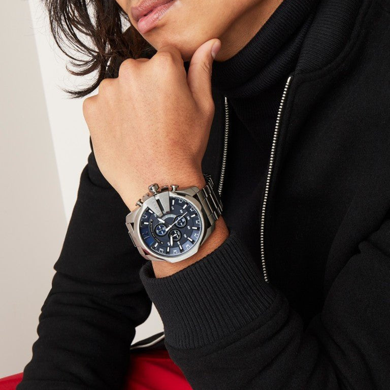 Diesel DZ4329 Mega Chief Chronograph Men's Watch – Blue Dial & Black Stainless Steel Strap