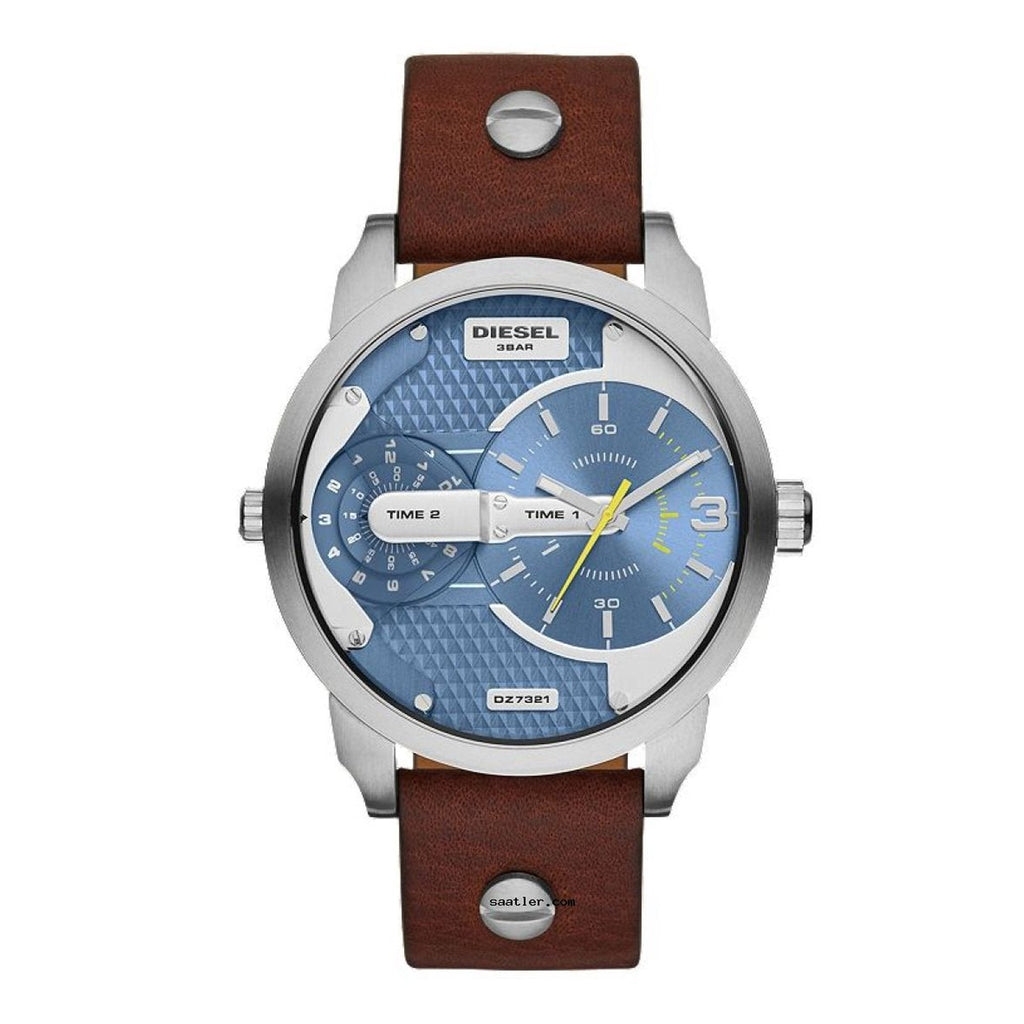Diesel DZ7321 Mini Daddy Chronograph Men's Watch – Light Blue Dial & Brown Leather Strap
