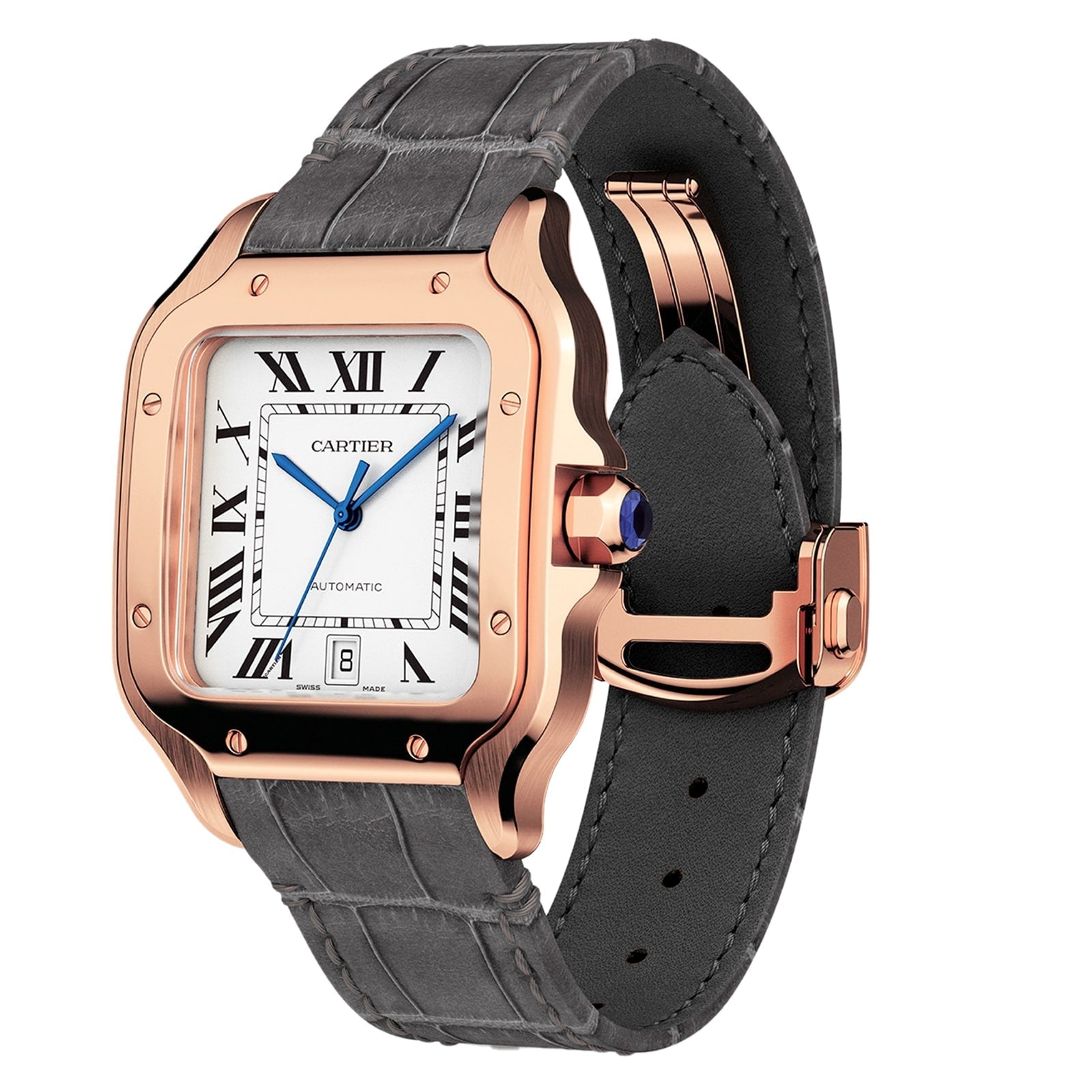 Santos de Cartier Large Model | 40mm, 18K Rose Gold, Alligator Leather, Silver Dial