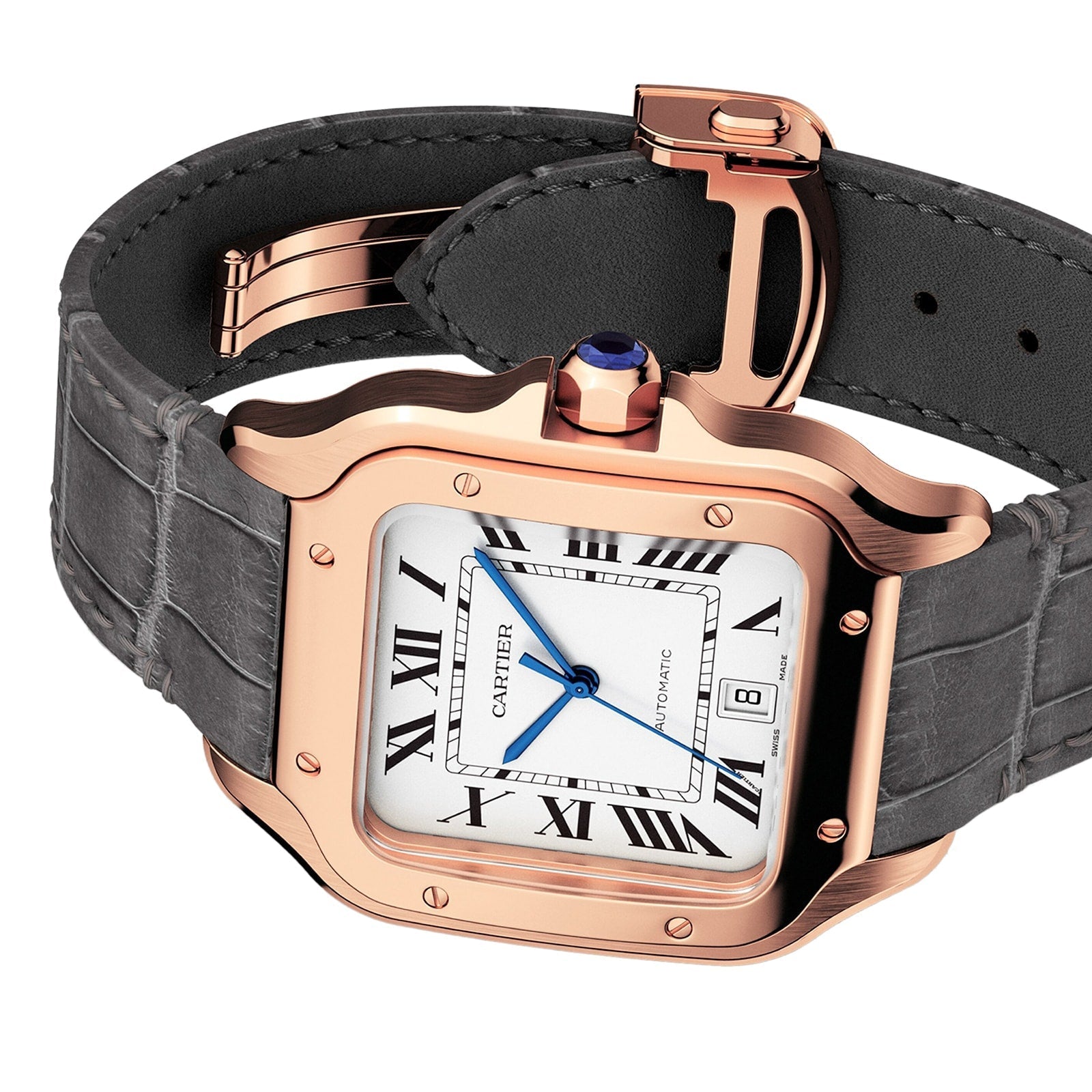 Santos de Cartier Large Model | 40mm, 18K Rose Gold, Alligator Leather, Silver Dial