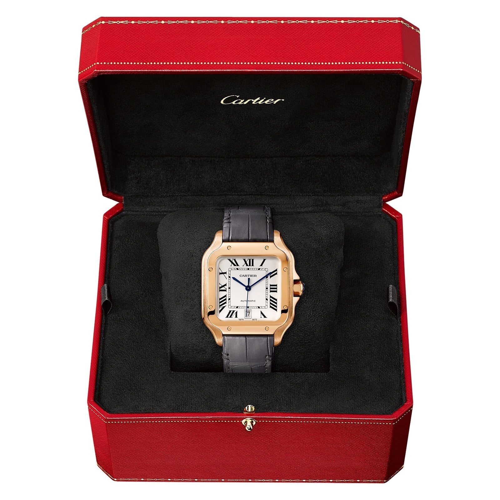 Santos de Cartier Large Model | 40mm, 18K Rose Gold, Alligator Leather, Silver Dial