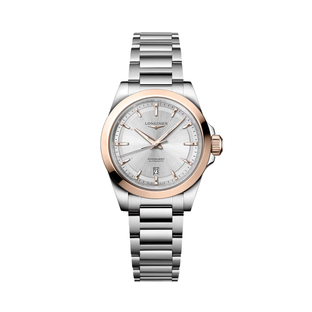 longines Conquest 30mm - Silver w/ Pink Gold Bezel on Bracelet