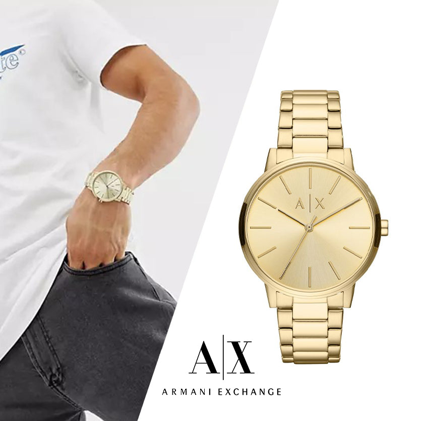Armani Exchange Cayde AX2707 Men's Analog Watch – Gold Dial with Coordinated Gold Stainless Steel Strap