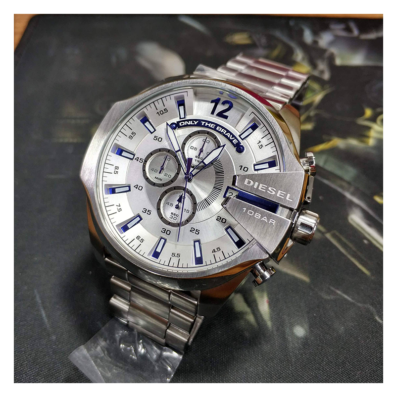 Diesel DZ4477 Mega Chief Chronograph Men's Watch – White Dial & Silver Stainless Steel Strap