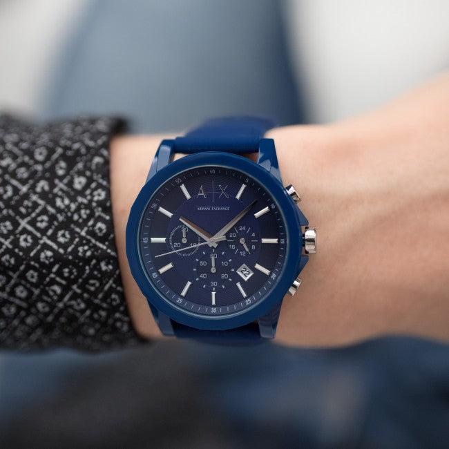 Men's Armani Exchange Outerbanks Chronograph Watch AX1327 – Blue Dial with Blue Silicone Strap