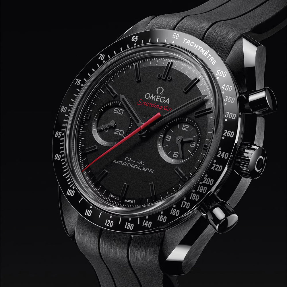 OMEGA Speedmaster Dark Side of the Moon Black Ceramic 44.25mm - Full Black w/ Red Seconds Hand on Rubber Strap