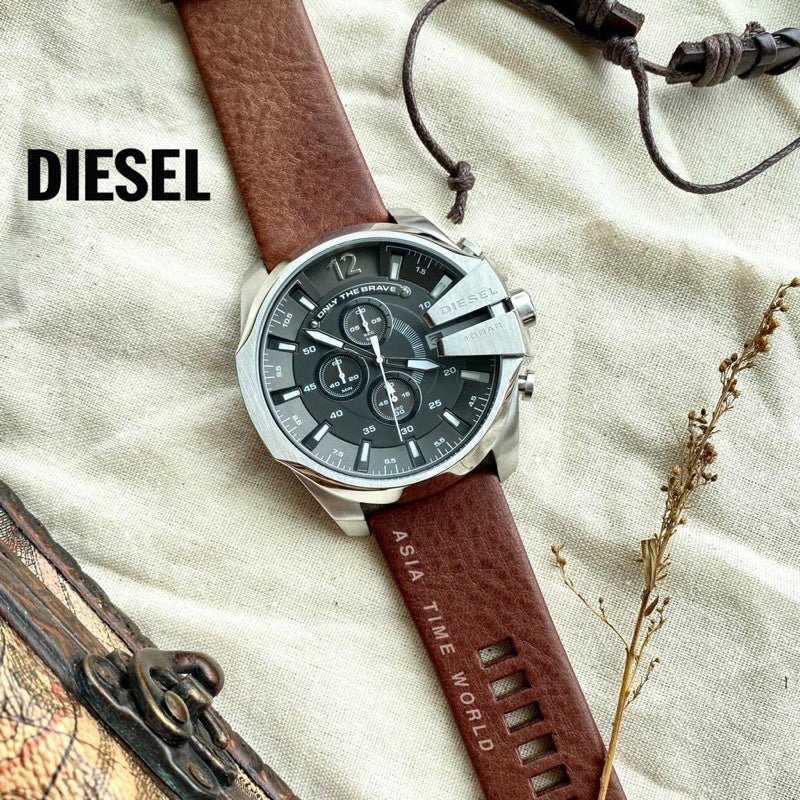 Diesel DZ4290 Mega Chief Chronograph Men's Watch – Black Dial & Brown Leather Strap