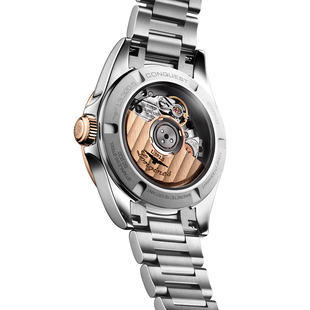 longines Conquest 30mm - Silver w/ Pink Gold Bezel on Bracelet
