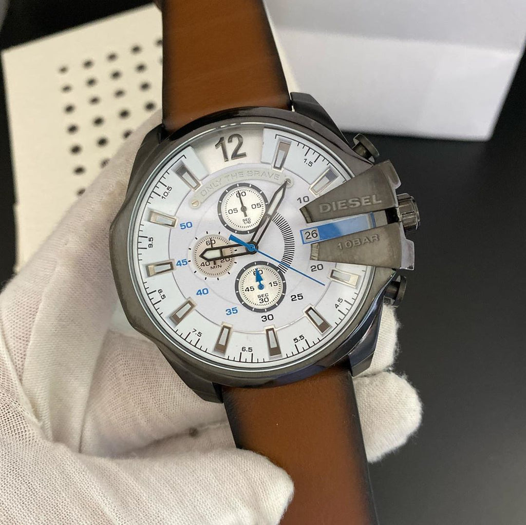 Diesel DZ4280 Mega Chief Chronograph Men's Watch – White Dial & Brown Leather Strap