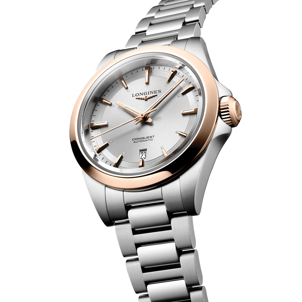 longines Conquest 30mm - Silver w/ Pink Gold Bezel on Bracelet