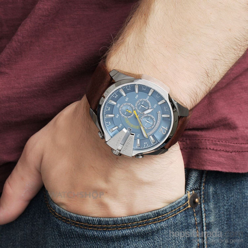 Diesel DZ4281 Mega Chief Chronograph Men's Watch – Blue Dial & Brown Leather Strap