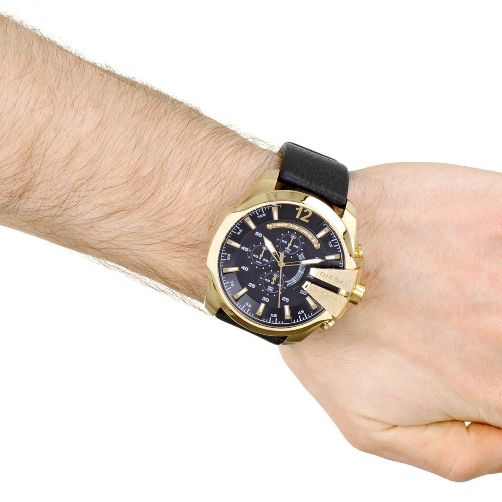 Diesel DZ4344 Mega Chief Chronograph Men's Watch – Black Dial & Black Leather Strap