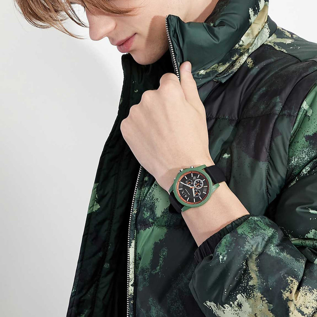 Armani Exchange Outerbanks AX1348 Men's Chronograph Watch – Black Dial with Black Silicone Strap
