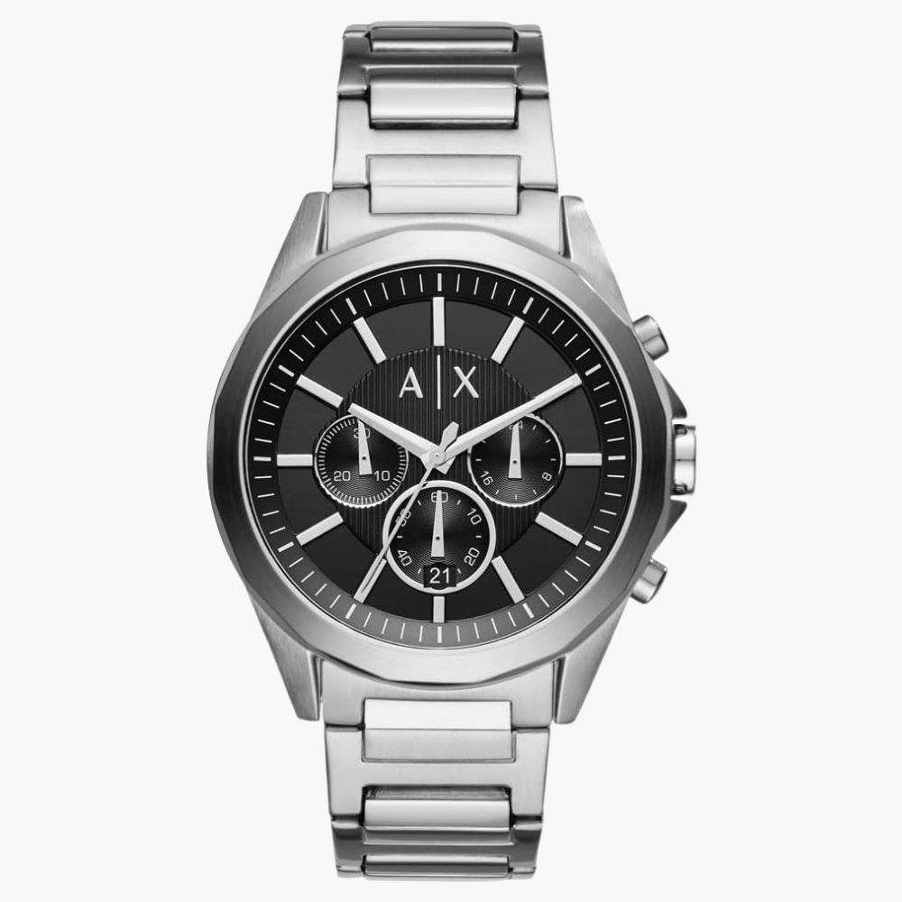 Armani Exchange Drexler AX2600 Men's Chronograph Watch – Black Dial with Silver Stainless Steel Strap