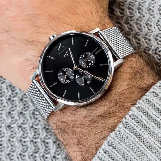 Armani Exchange Cayde AX2714 Men's Chronograph – Black Dial with Silver Mesh Stainless Steel Strap