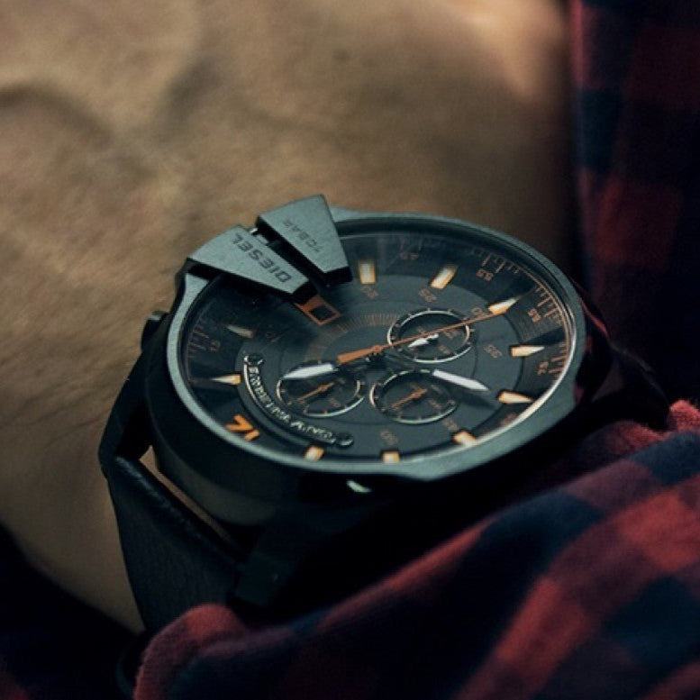 Diesel DZ4291 Mega Chief Chronograph Men's Watch – Black Dial & Black Leather Strap