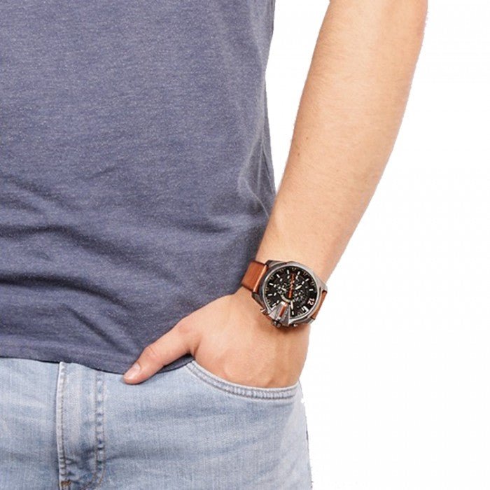 Diesel DZ4343 Mega Chief Chronograph Men's Watch – Black Dial & Brown Leather Strap