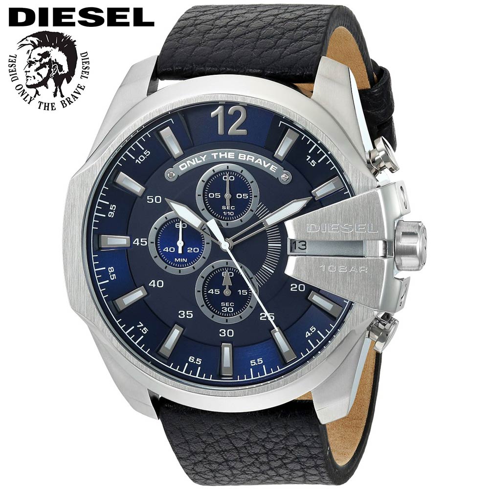 Diesel DZ4423 Mega Chief Chronograph Men's Watch – Blue Dial & Black Leather Strap
