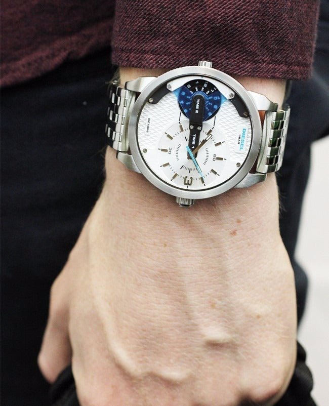 Diesel DZ7305 Mini Daddy Dual Time Men's Watch – Silver Dial & Stainless Steel Strap