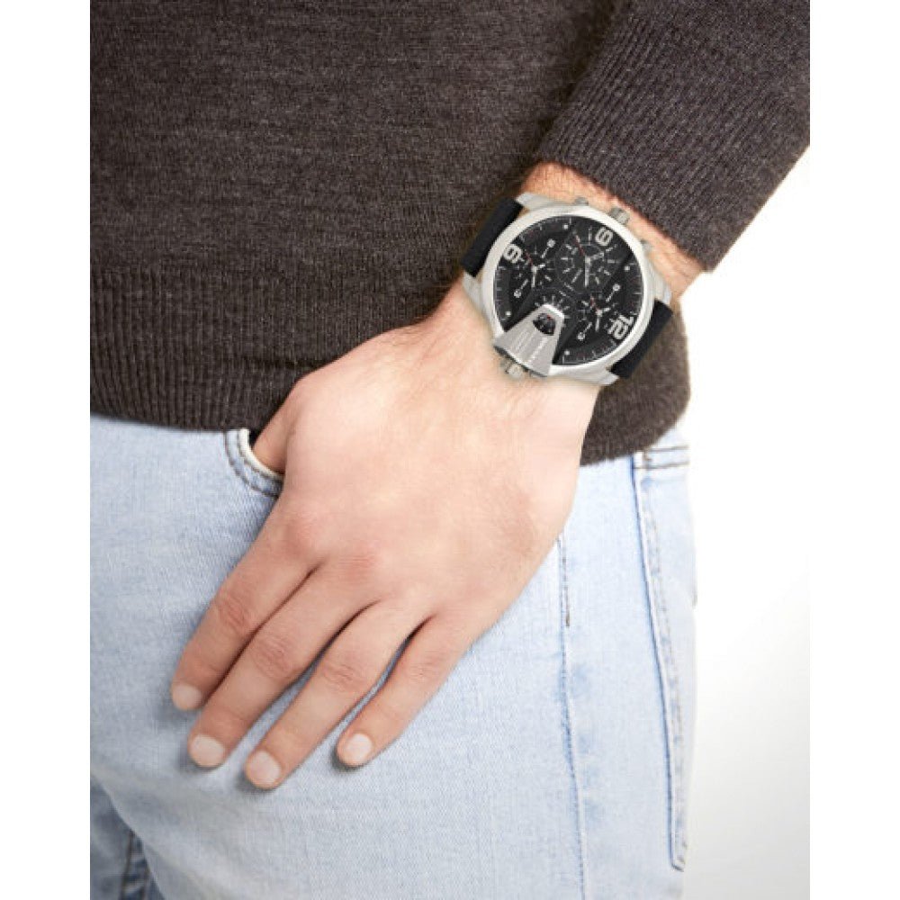 Diesel DZ7376 Uber Chief Oversized 4-Time Men's Watch – Black Dial & Black Leather Strap