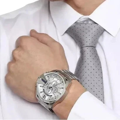 Diesel DZ4477 Mega Chief Chronograph Men's Watch – White Dial & Silver Stainless Steel Strap