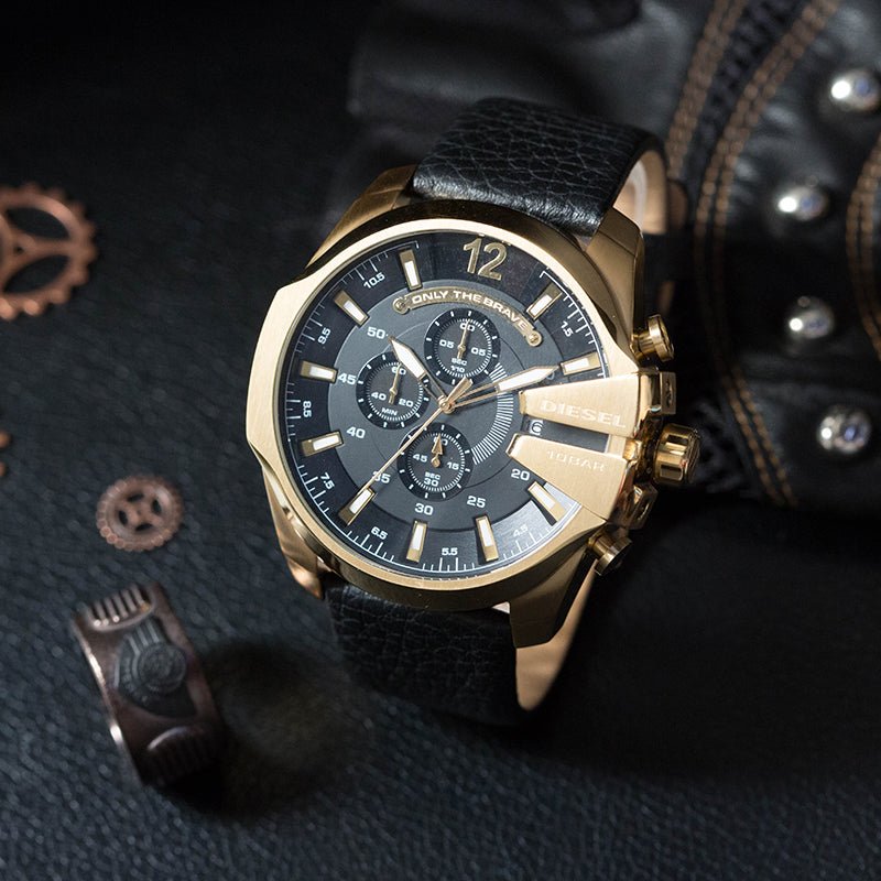 Diesel DZ4344 Mega Chief Chronograph Men's Watch – Black Dial & Black Leather Strap