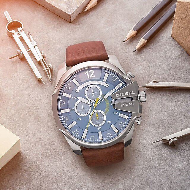 Diesel DZ4281 Mega Chief Chronograph Men's Watch – Blue Dial & Brown Leather Strap