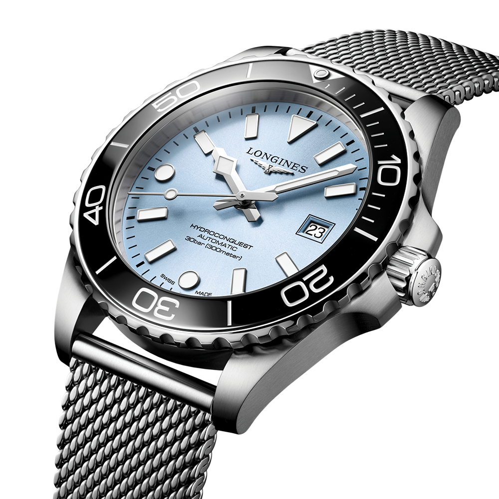 longines HydroConquest 42mm - Blue, Black Bezel on Mesh Bracelet