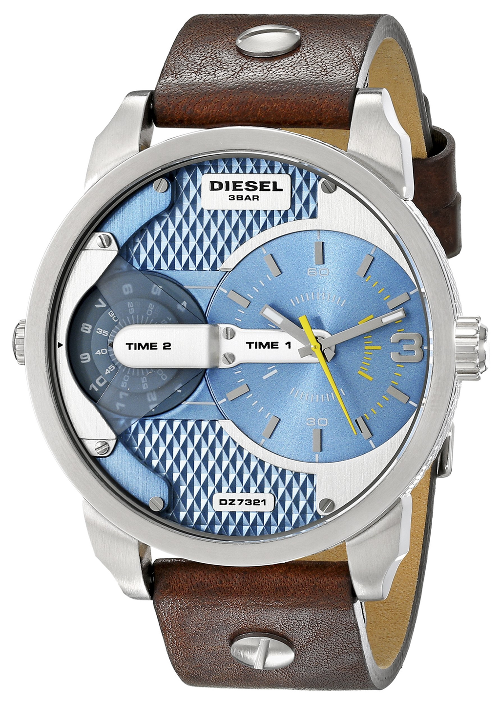 Diesel DZ7321 Mini Daddy Chronograph Men's Watch – Light Blue Dial & Brown Leather Strap