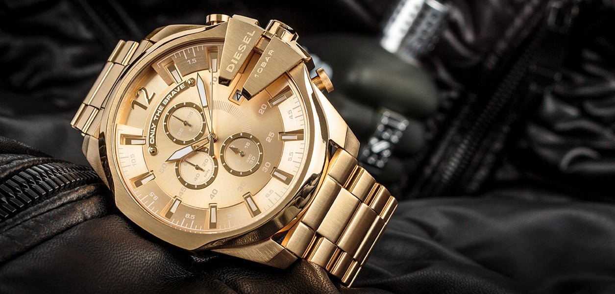 Diesel DZ4360 Mega Chief Chronograph Men's Watch – Gold Dial & Gold Stainless Steel Strap