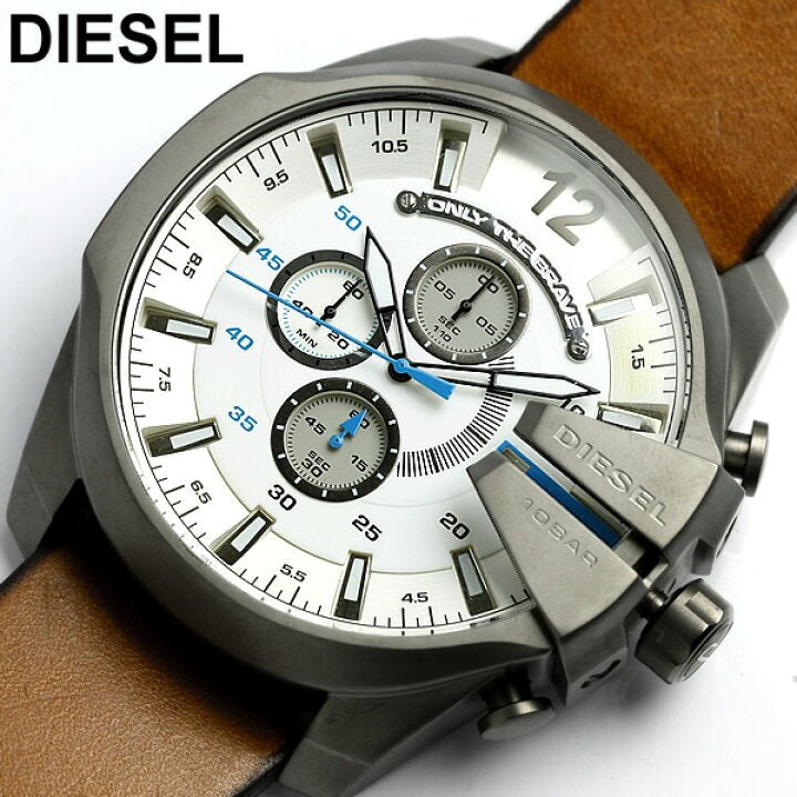 Diesel DZ4280 Mega Chief Chronograph Men's Watch – White Dial & Brown Leather Strap