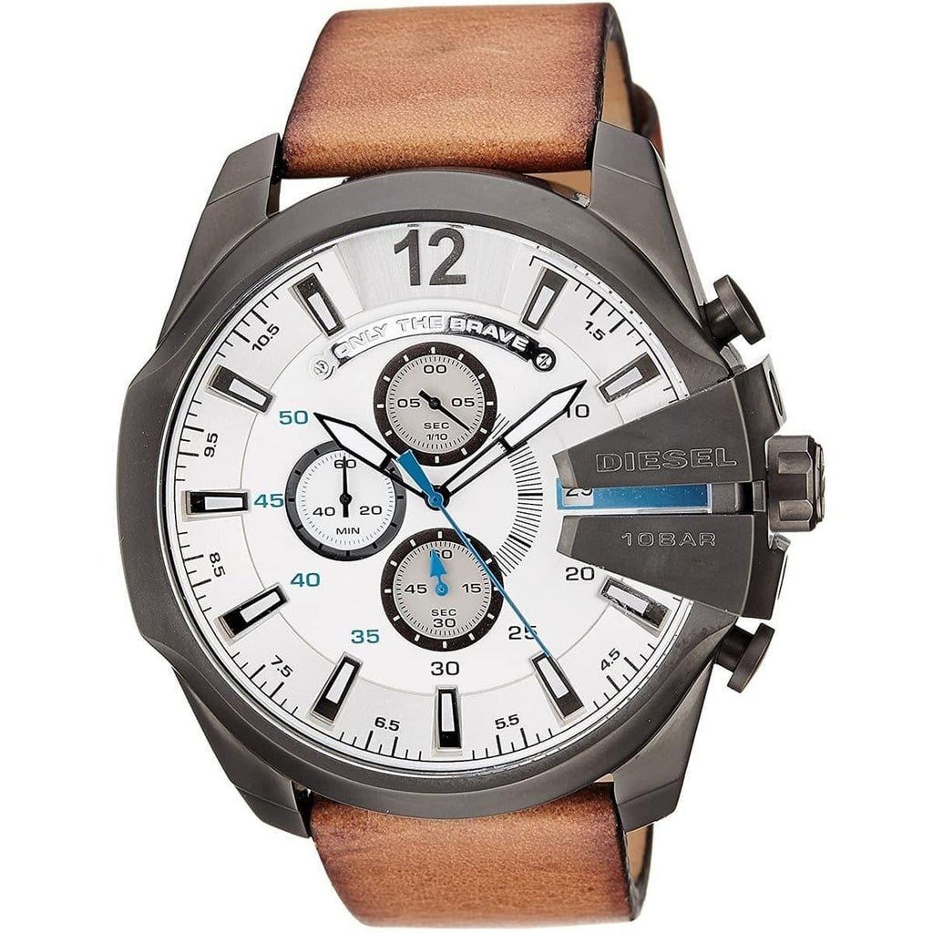 Diesel DZ4280 Mega Chief Chronograph Men's Watch – White Dial & Brown Leather Strap