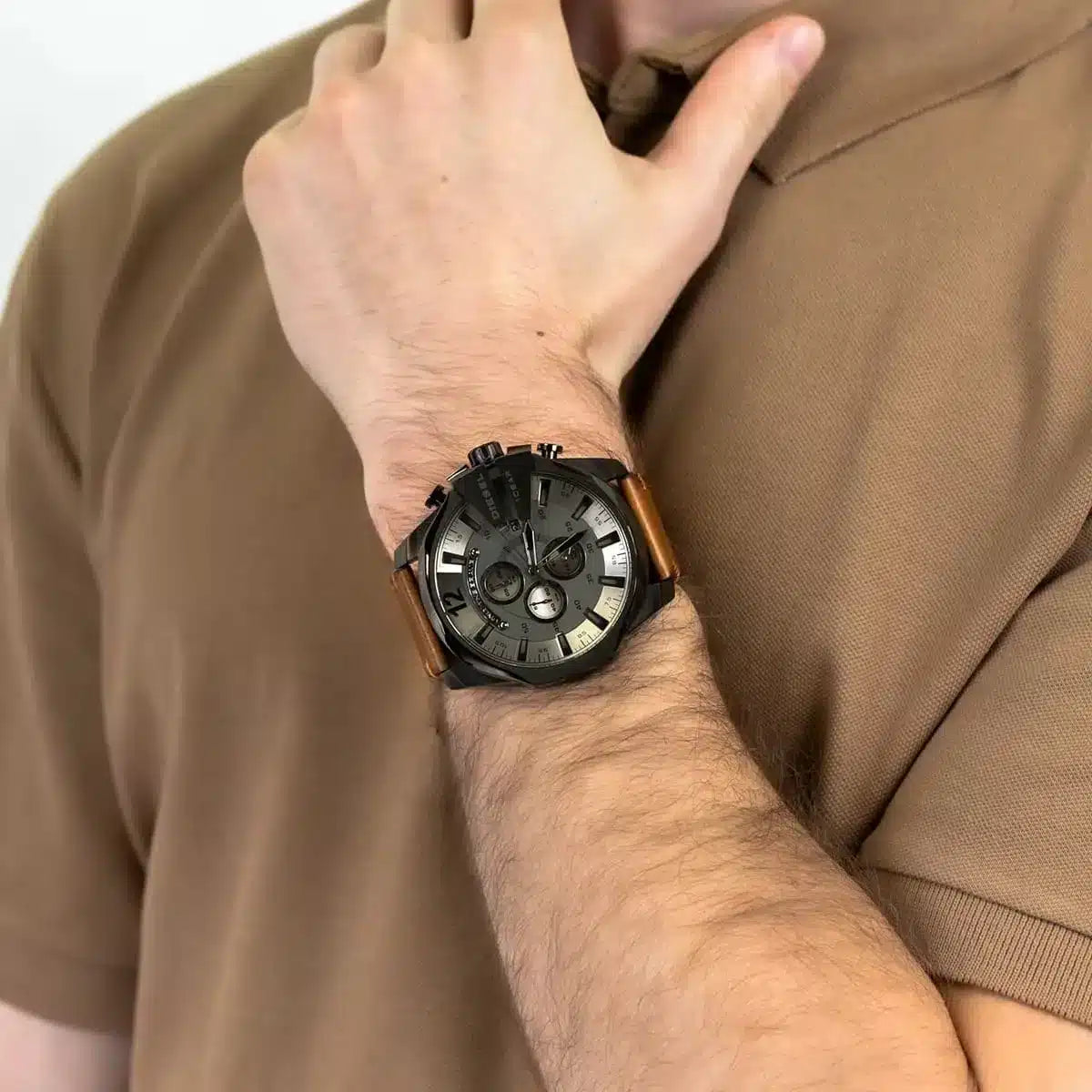 Diesel DZ4463 Mega Chief Chronograph Men's Watch – Grey Dial & Brown Leather Strap