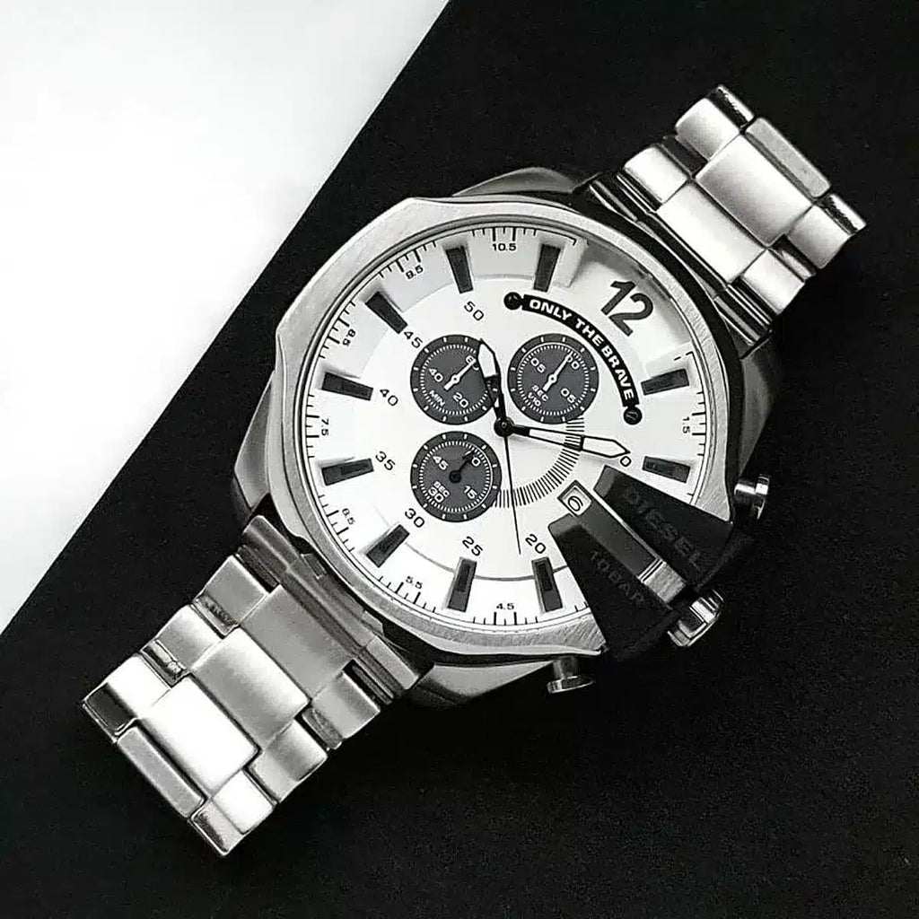 Diesel DZ4501 Mega Chief Chronograph Men's Watch – Silver Dial & Silver Stainless Steel Strap