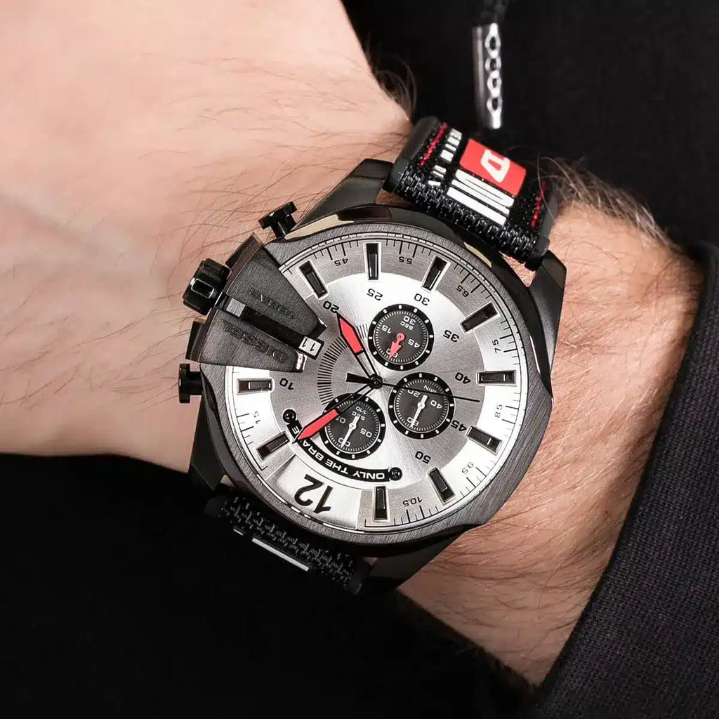 Diesel DZ4512 Mega Chief Chronograph Men's Watch – Silver Dial & Black Leather Strap