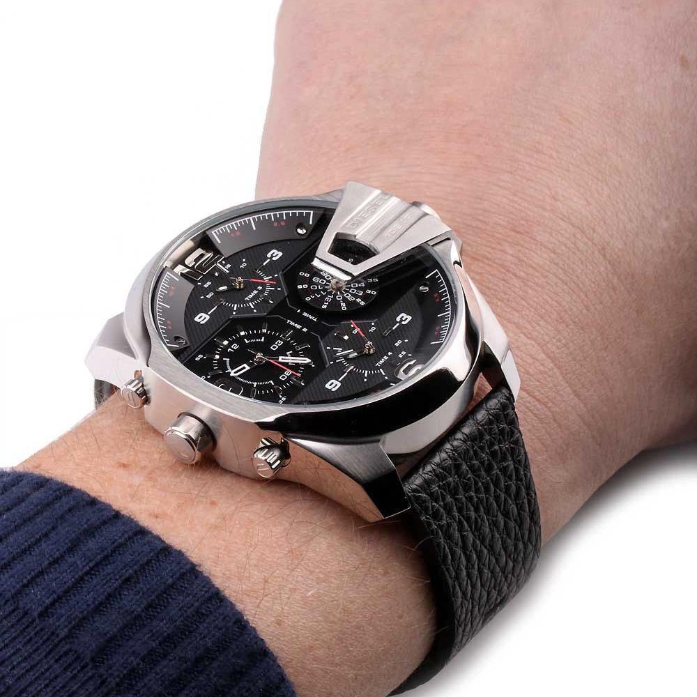 Diesel DZ7376 Uber Chief Oversized 4-Time Men's Watch – Black Dial & Black Leather Strap