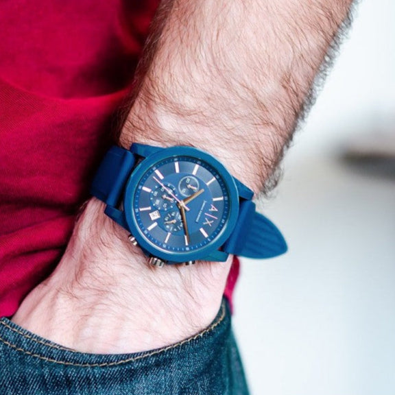 Men's Armani Exchange Outerbanks Chronograph Watch AX1327 – Blue Dial with Blue Silicone Strap