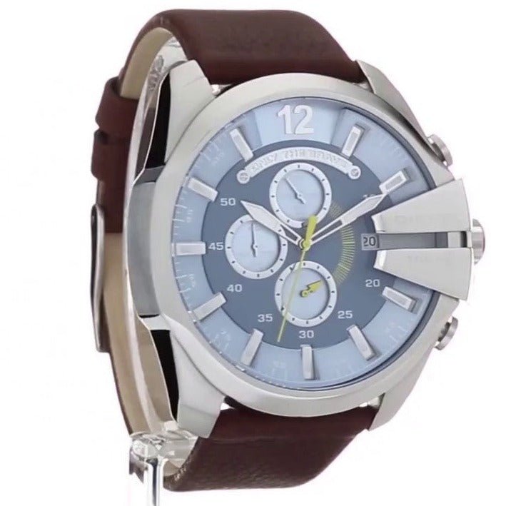 Diesel DZ4281 Mega Chief Chronograph Men's Watch – Blue Dial & Brown Leather Strap