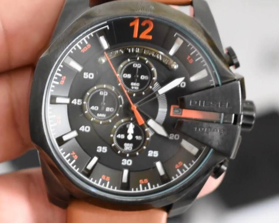 Diesel DZ4343 Mega Chief Chronograph Men's Watch – Black Dial & Brown Leather Strap