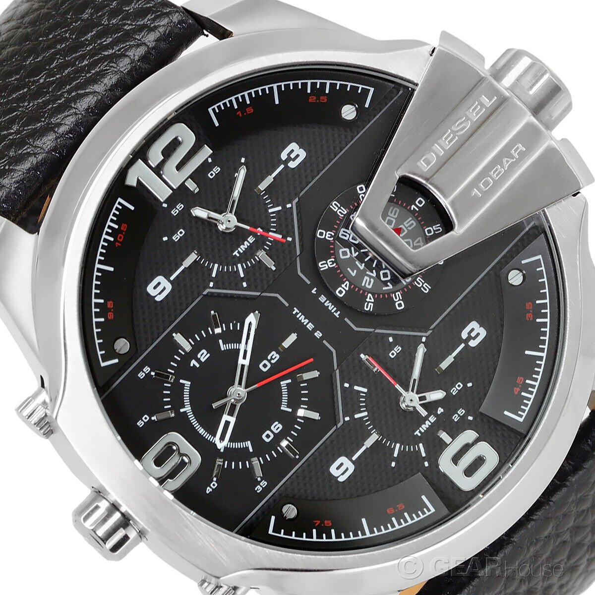 Diesel DZ7376 Uber Chief Oversized 4-Time Men's Watch – Black Dial & Black Leather Strap