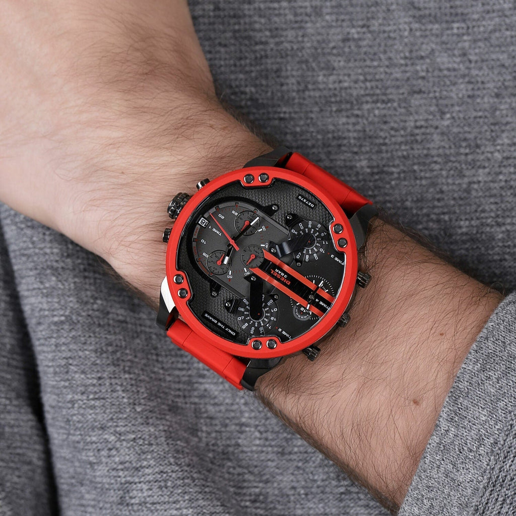 Diesel DZ7370 Mr. Daddy 2.0 Chronograph Men's Watch – Black Dial & Red Silicone Strap